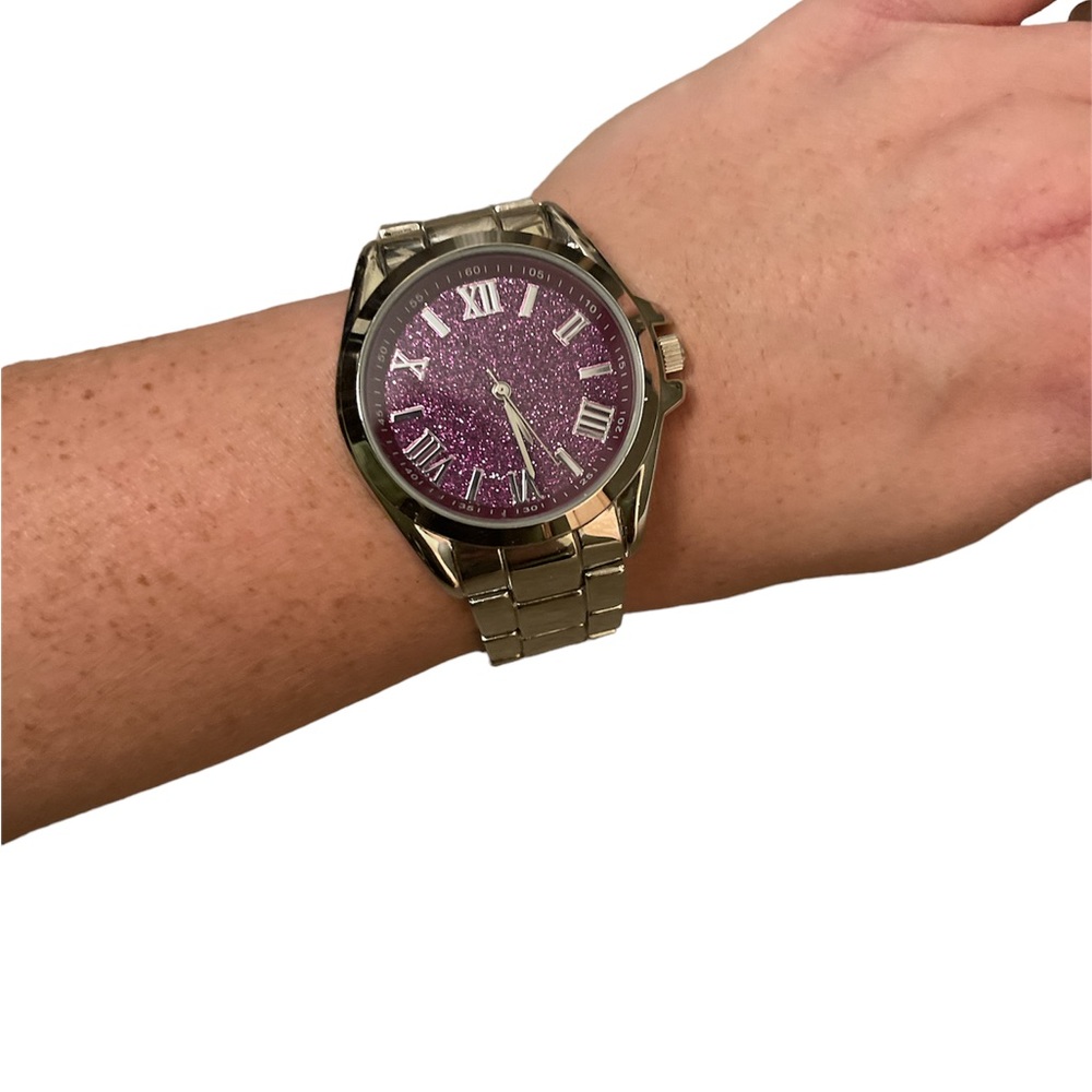 Light Purple Glitter Face Accutime Watch Corp Roman Numeral Analog Watch